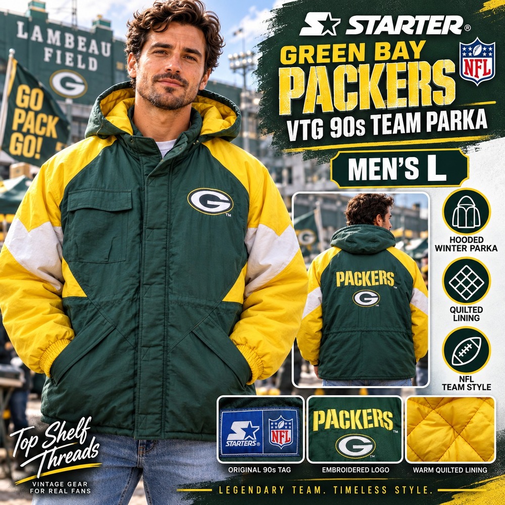 VTG 90s Logo 7 Green Bay Packers Men L Shark Tooth Hooded Quilted Puffer Jacket